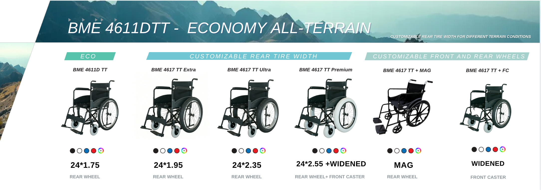 4611D TT Série complète de fauteuils roulants tout-terrain avec largeurs de pneus personnalisables (1,75 à 2,55 pouces) et roues magnétiques en magnésium avec diverses options de roulettes avant.